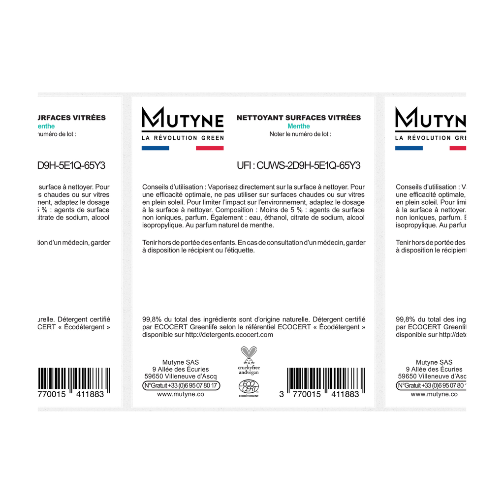 [MUT-ET012] Rouleau 50 étiquettes Nettoyant Surfaces vitrées menthe vrac - Mutyne
