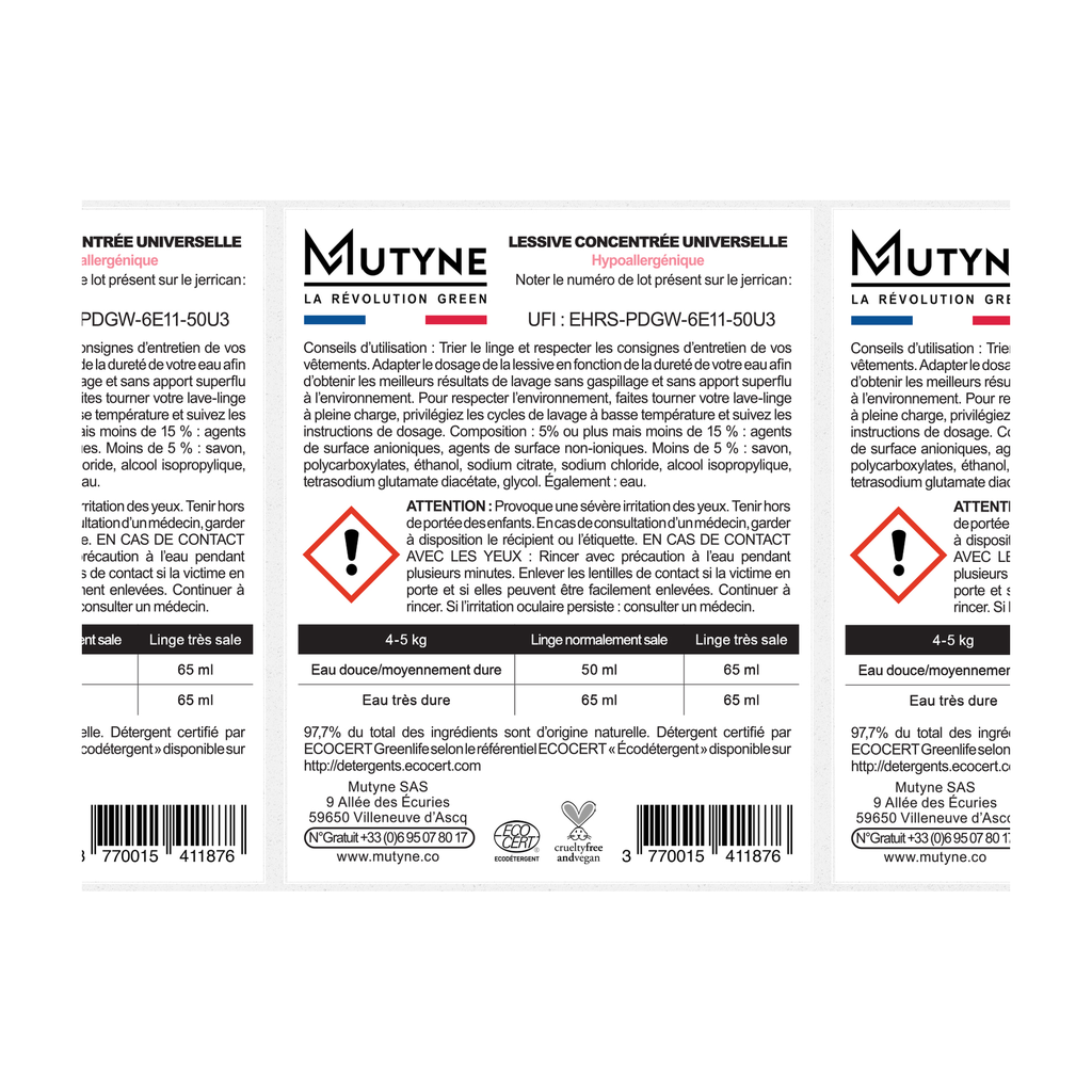 [MUT-ET011] Rouleau 50 étiquettes Lessive liquide hypoallergénique vrac - Mutyne