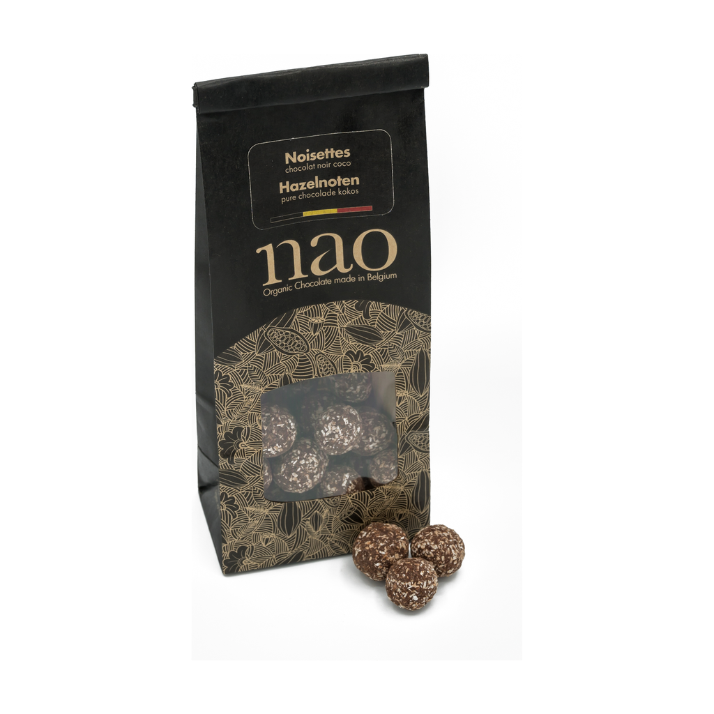 [NAO-N040] 100g - Noisettes enrobées chocolat noir 72% coco (sachet) bio - Nao