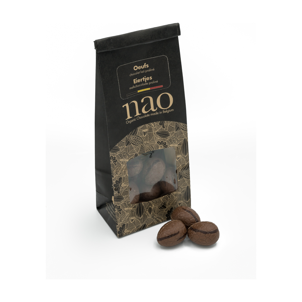 [NAO-N200] 100g - Oeufs chocolat au lait fourrés pralinés (sachet) bio - Nao