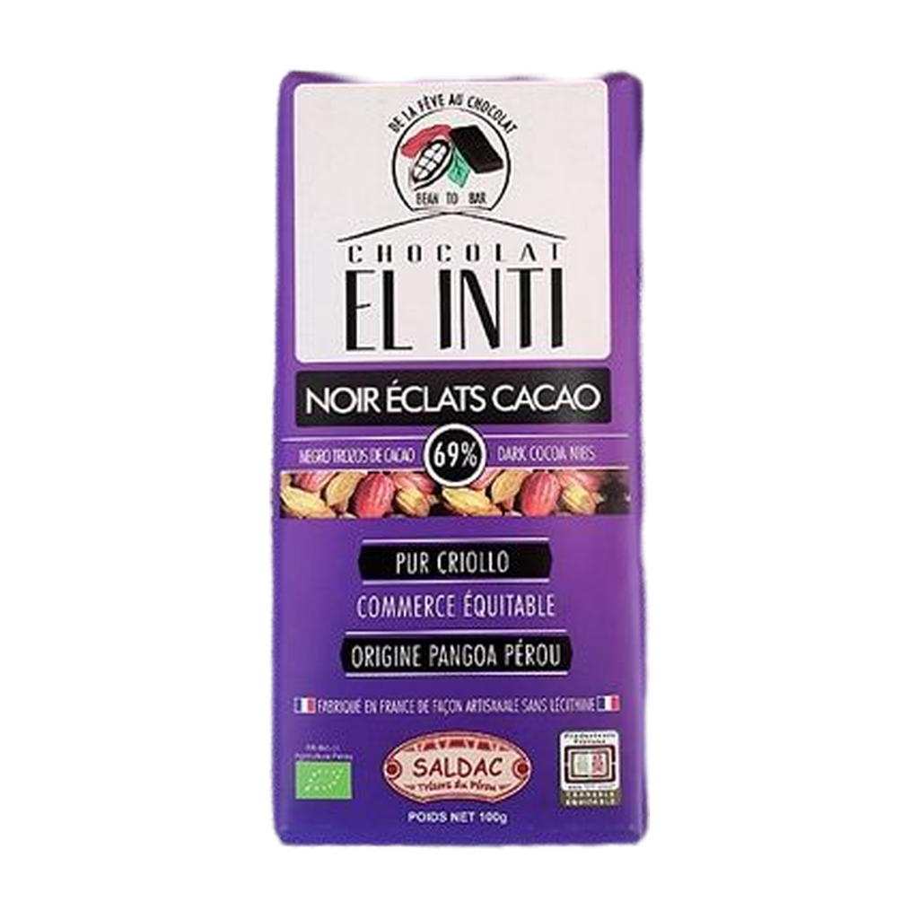 100g - Chocolat noir 63% éclats fèves 15% El Inti bio - Saldac