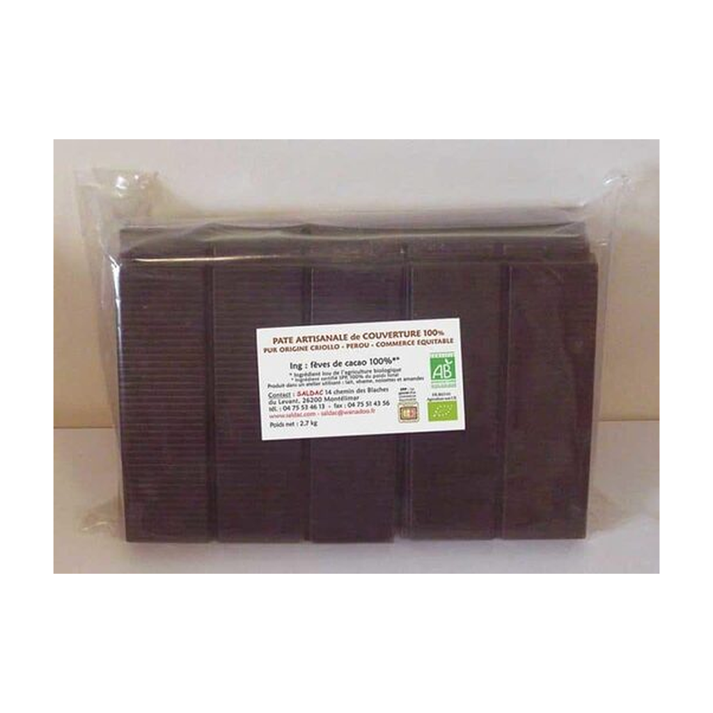 2,7kg - Pâte de cacao de couverture 100% 3 tablettes x 900g bio - Saldac