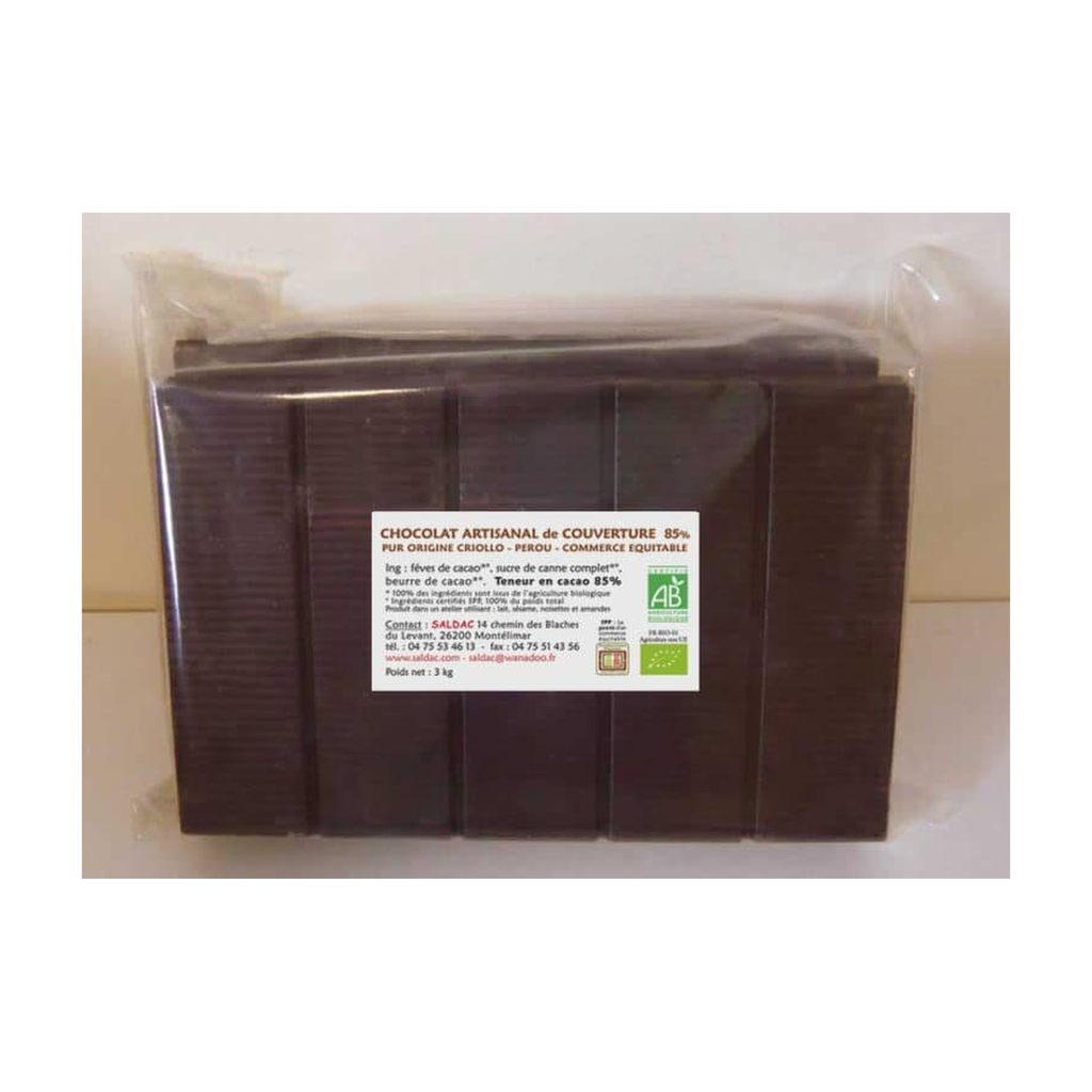 [SD-COUV85] 3kg - Chocolat de couverture noir 85% 3 tablettes x 1kg bio - Saldac