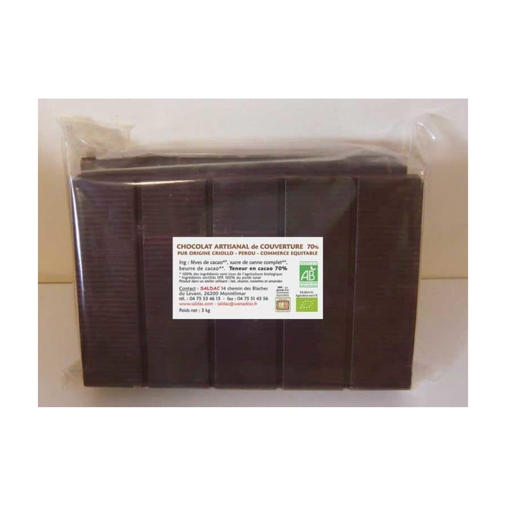 [SD-COUV70] 3kg - Chocolat de couverture noir 70% 3 tablettes x 1kg bio - Saldac