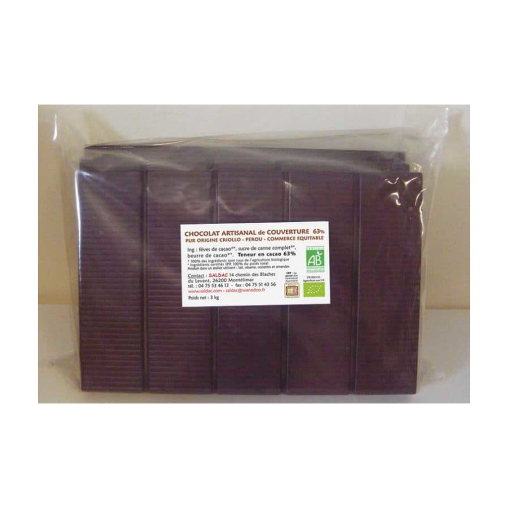 [SD-COUV63] 3kg - Chocolat de couverture noir 63% 3 tablettes x 1kg bio - Saldac
