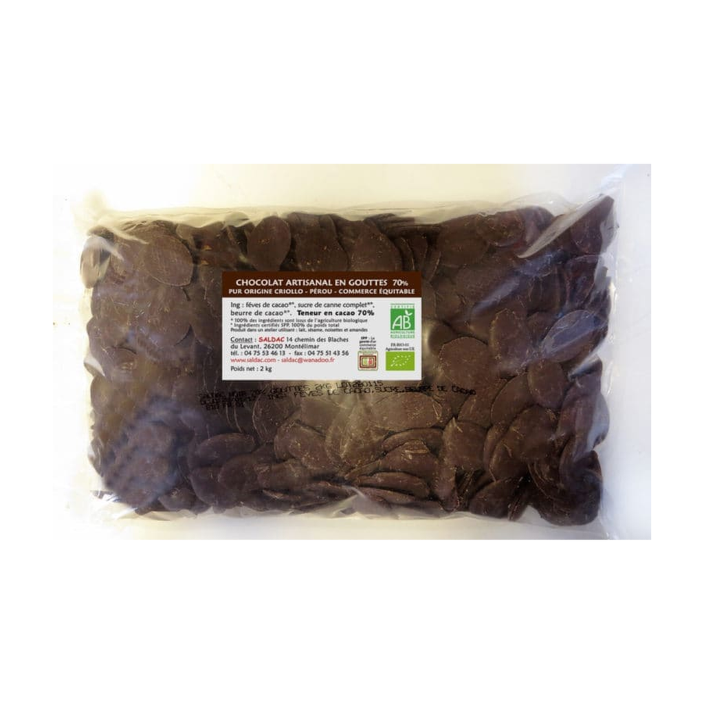 2kg - Chocolat de couverture en gouttes noir 70%  bio - Saldac
