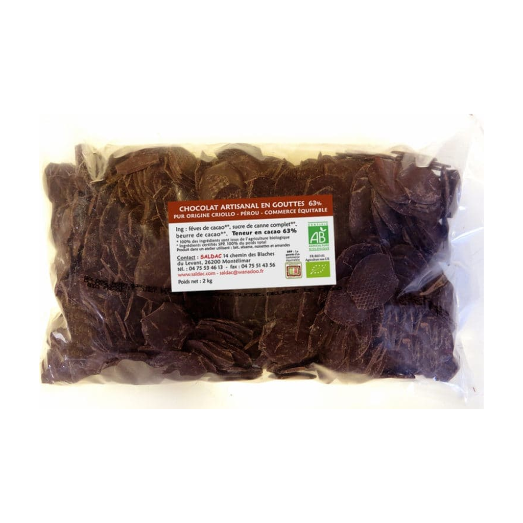 2kg - Chocolat de couverture en gouttes noir 63% bio - Saldac
