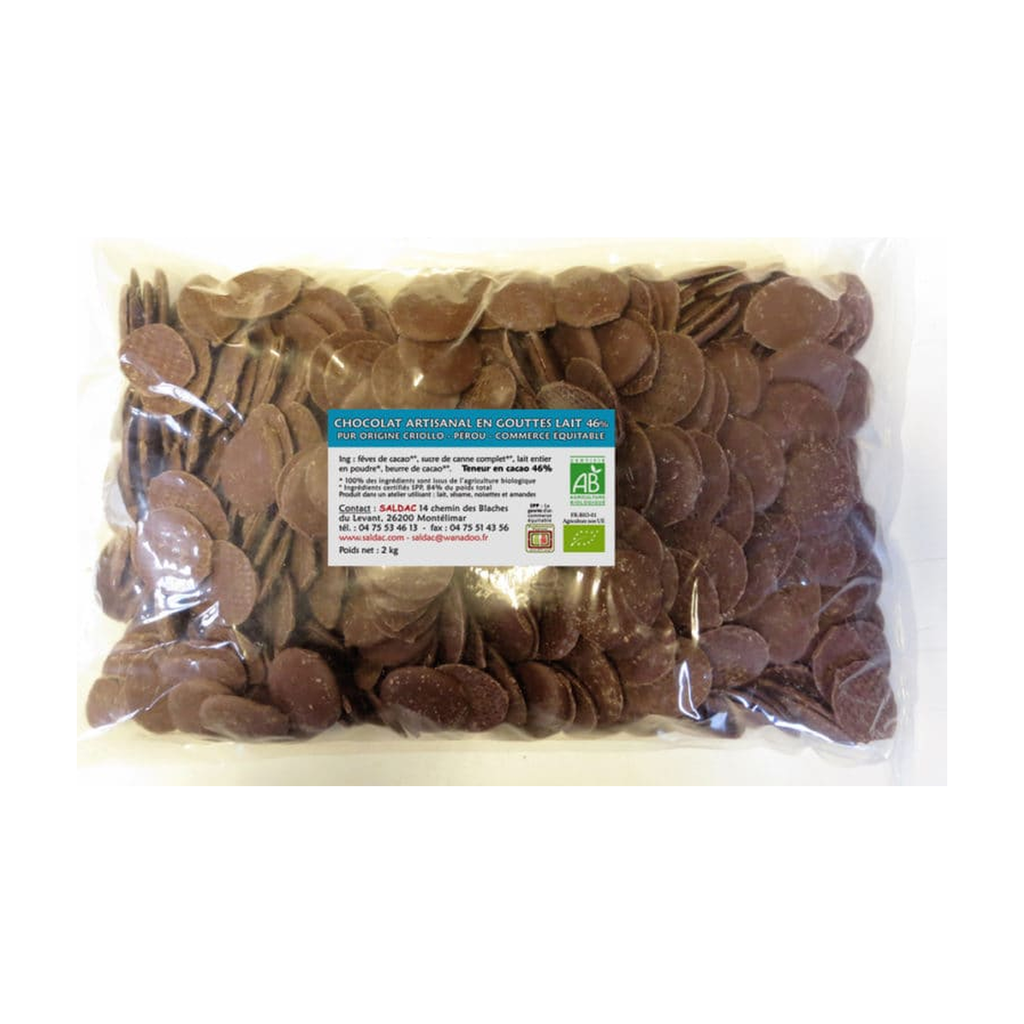 2kg - Chocolat de couverture en gouttes lait 46% bio - Saldac