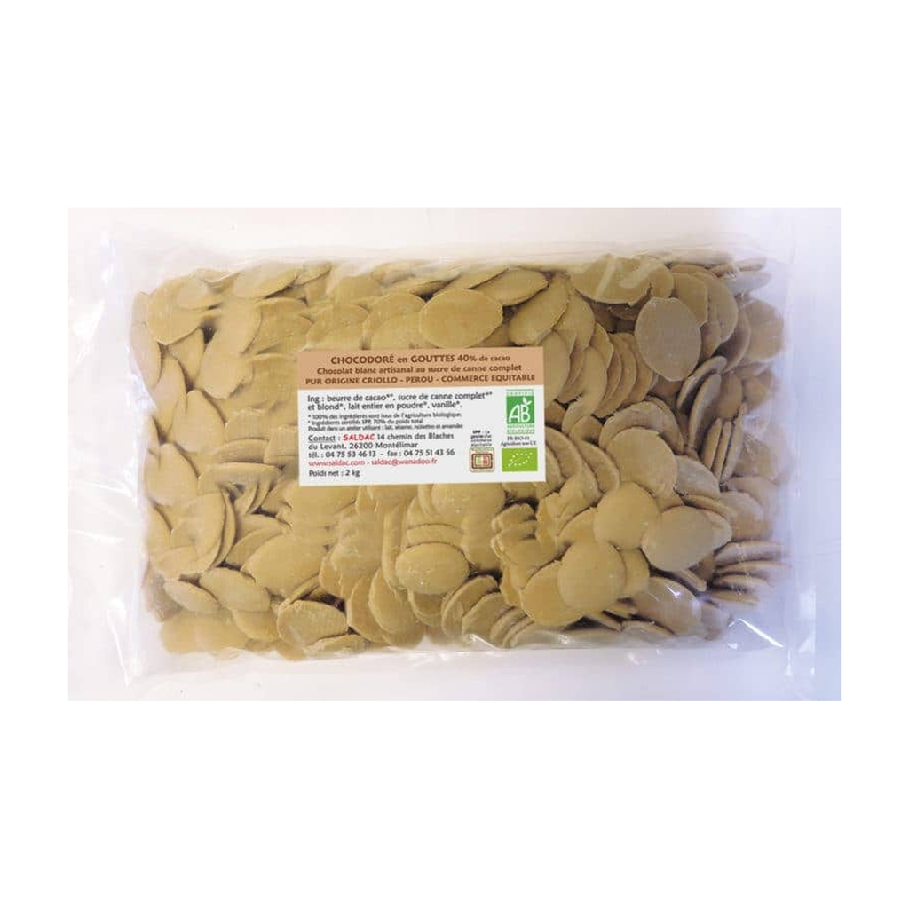 [SD-GOUTTEBLANC] 2kg - Chocolat de couverture en gouttes blanc 40% bio - Saldac
