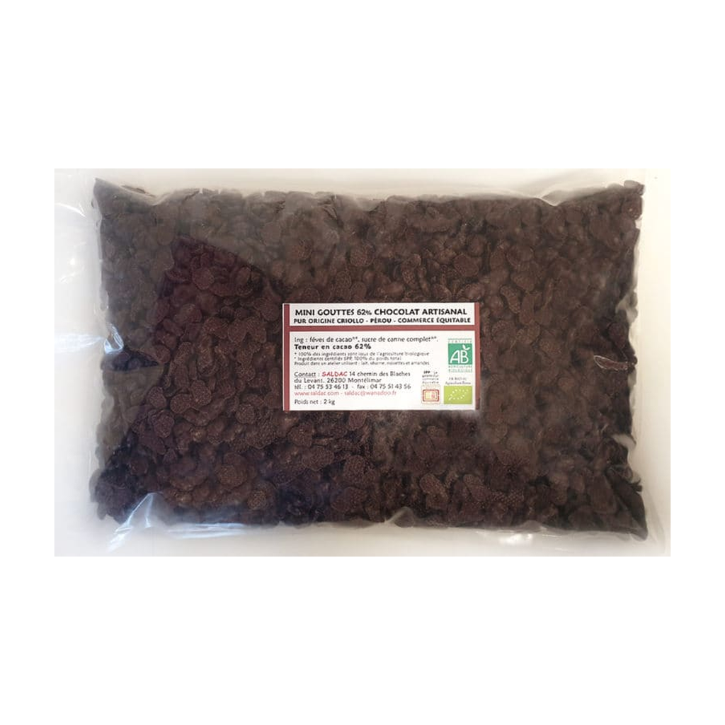 2kg - Mini-gouttes (spécial cookies et cakes) noir 62% sans beurre de cacao bio - Saldac