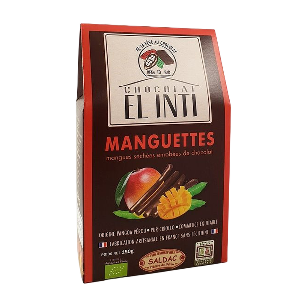 150g - Boîte dégust. Bâtonnets mangue séchée enrob. chocolat noir 63% bio - Saldac