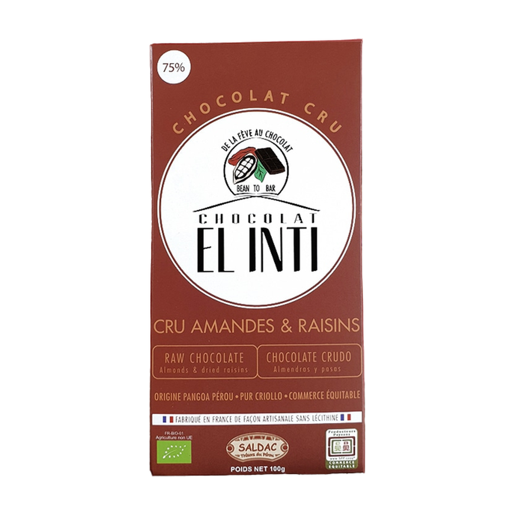 100g - Chocolat noir cru 75% amandes raisins El Inti bio - Saldac