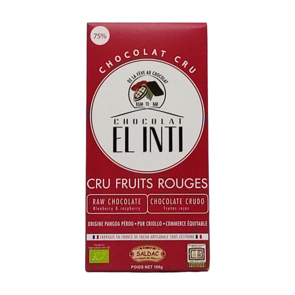 100g - Chocolat noir cru 75% myrtilles-framboise El Inti bio - Saldac