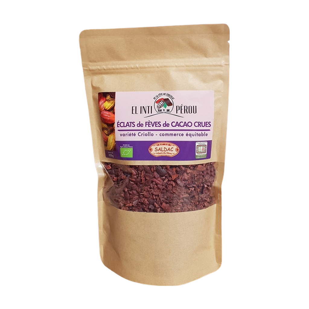 [SD-NIBSCRU250G] 250g - Nibs (éclats de fèves de cacao cru) en sachet bio - Saldac
