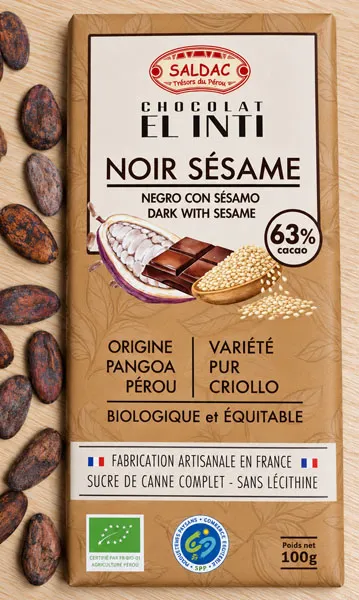 100g - Chocolat noir 63% Sésame grillé El Inti bio - Saldac
