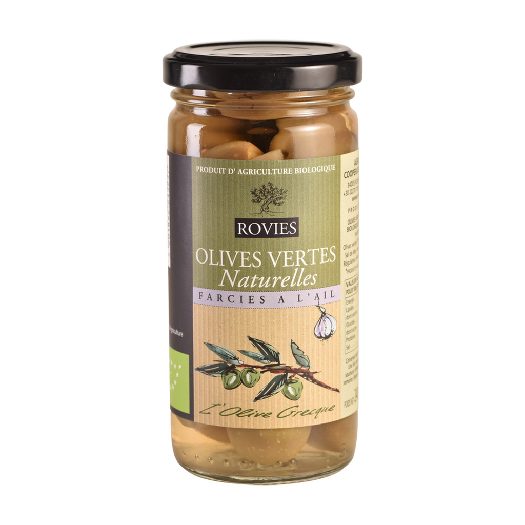 [EP-OLV-AIL350] 350g - Olives vertes farcies à l'ail bio - Rovies