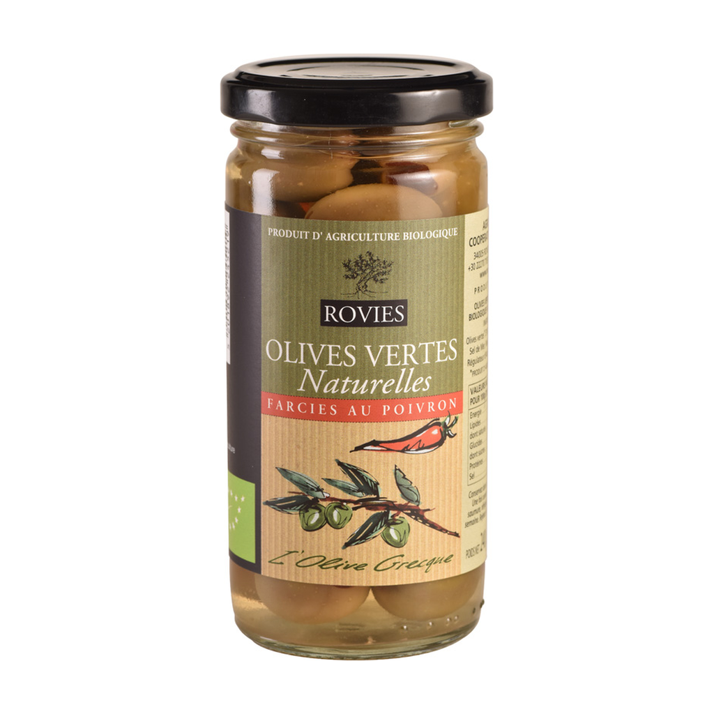 [EP-OLV-POIVR350] 350g - Olives vertes farcies aux poivrons bio - Rovies